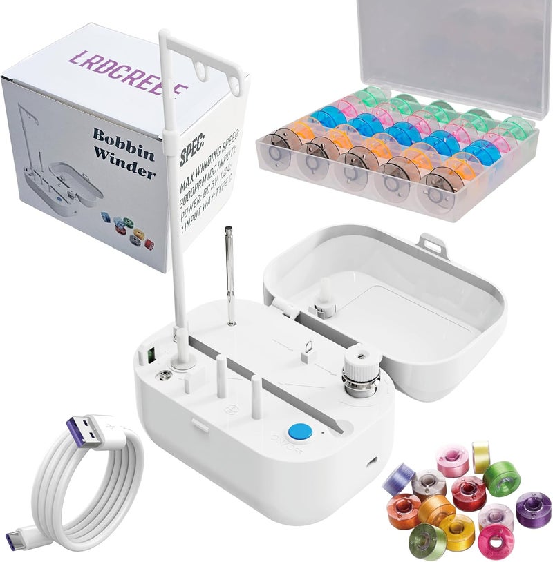 LRDCREEE Automatic Bobbin Winder Bobbin Winding Machine with Auto Stop Sensor, Large Spool Thread Holder and Extra 25 Pcs Class 15 Bobbins for Sewing Machine Thread Winding Use - Image 1